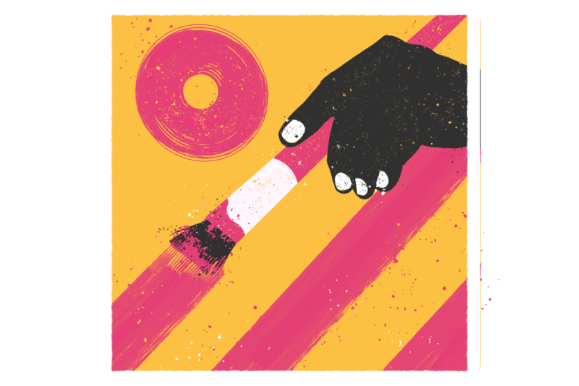 An illustration showing pink stripes being painted across a yellow background by a black hand.