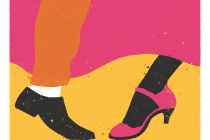 An illustration showing a leg in orange trousers with a black show, and a leg in black tights with a pink shoe on a yellow and pink background.