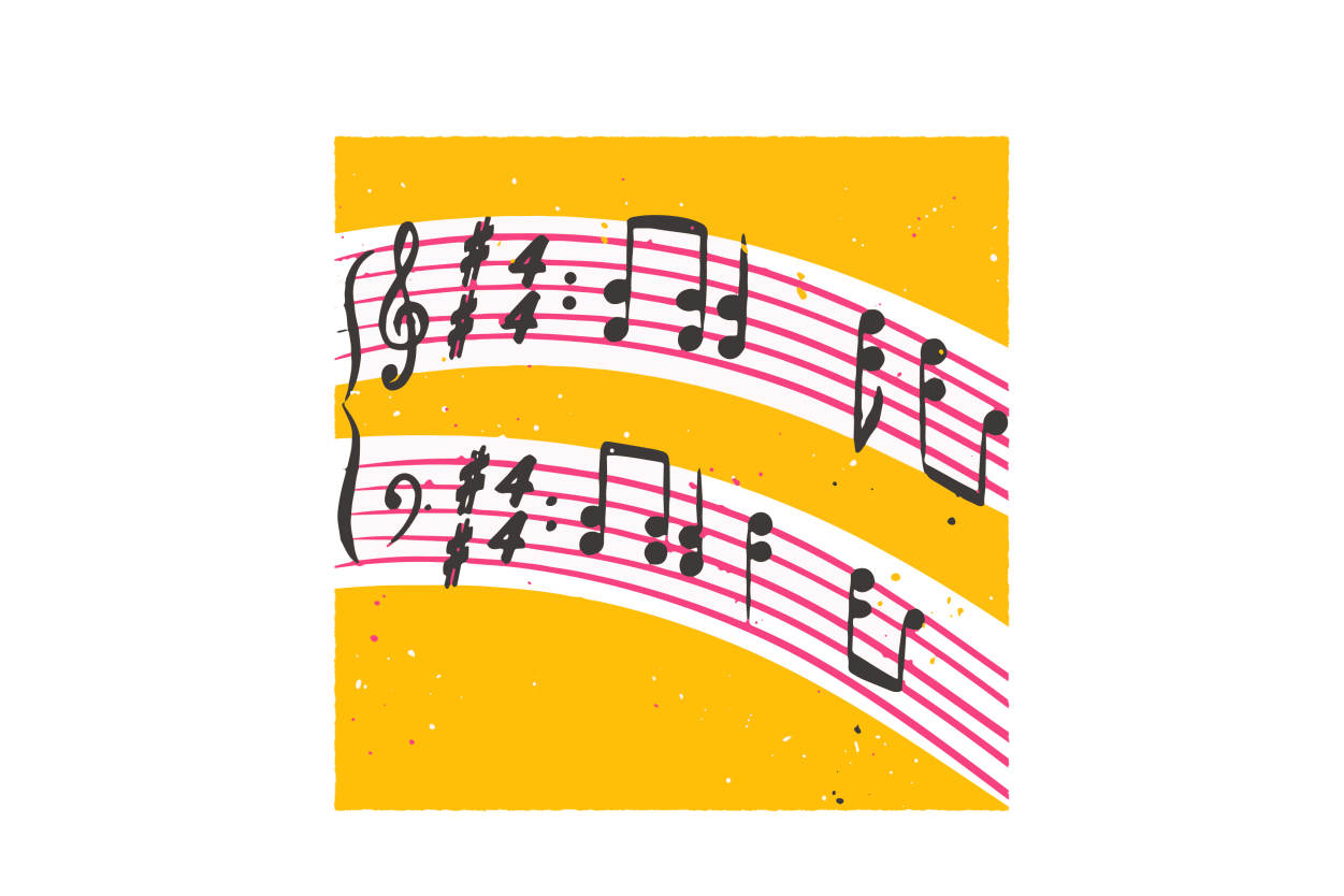 An illustration showing black musical notes on a pink and yellow background.