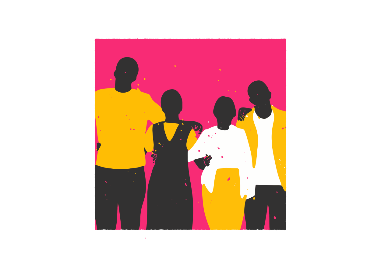 An illustration showing the silhouette for four people, wearing yellow, black, and white clothes, on a pink background.