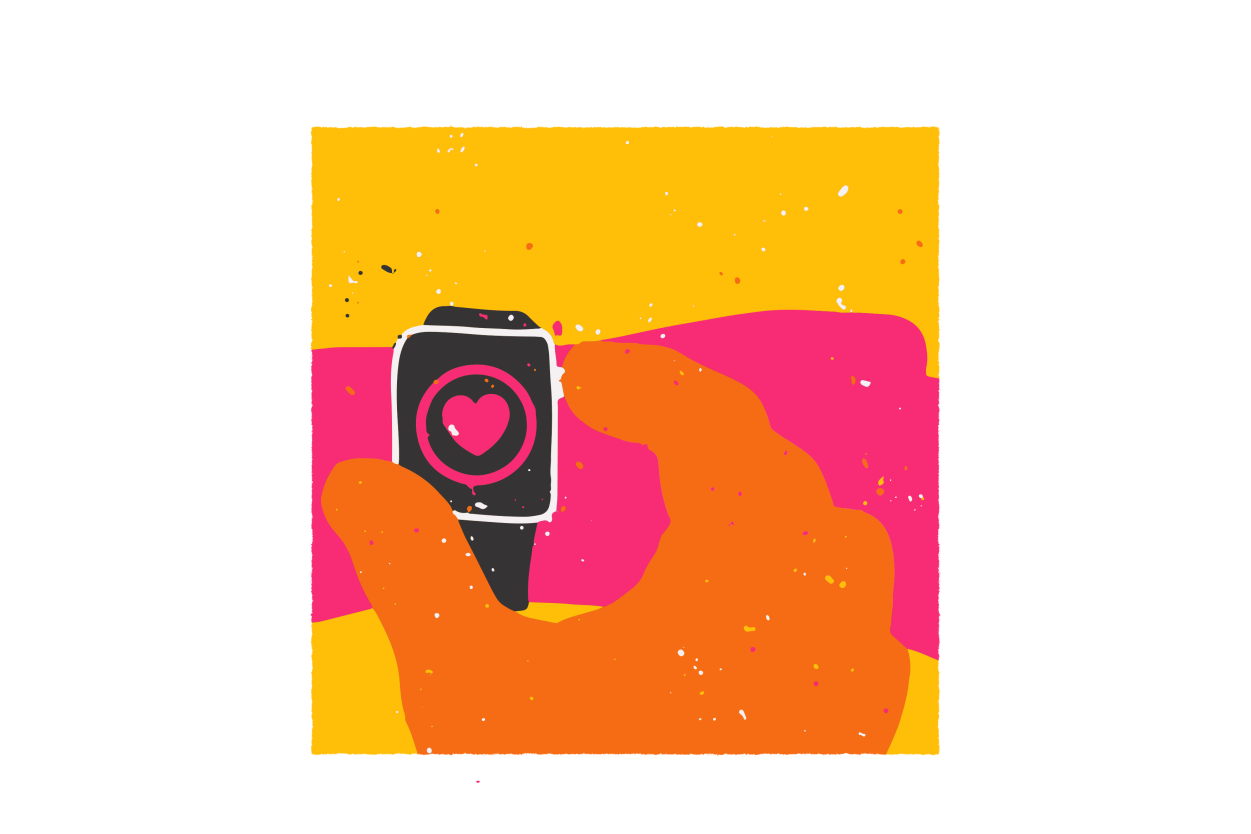 An illustration of a wrist with a watch. On the watch screen is a heart.