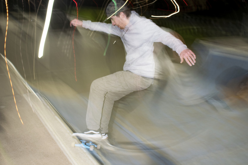 Photo by Dylan Winstone, Fronside Smith Grind, part of the exhibition in The Mill Courtyard behind DanceEast