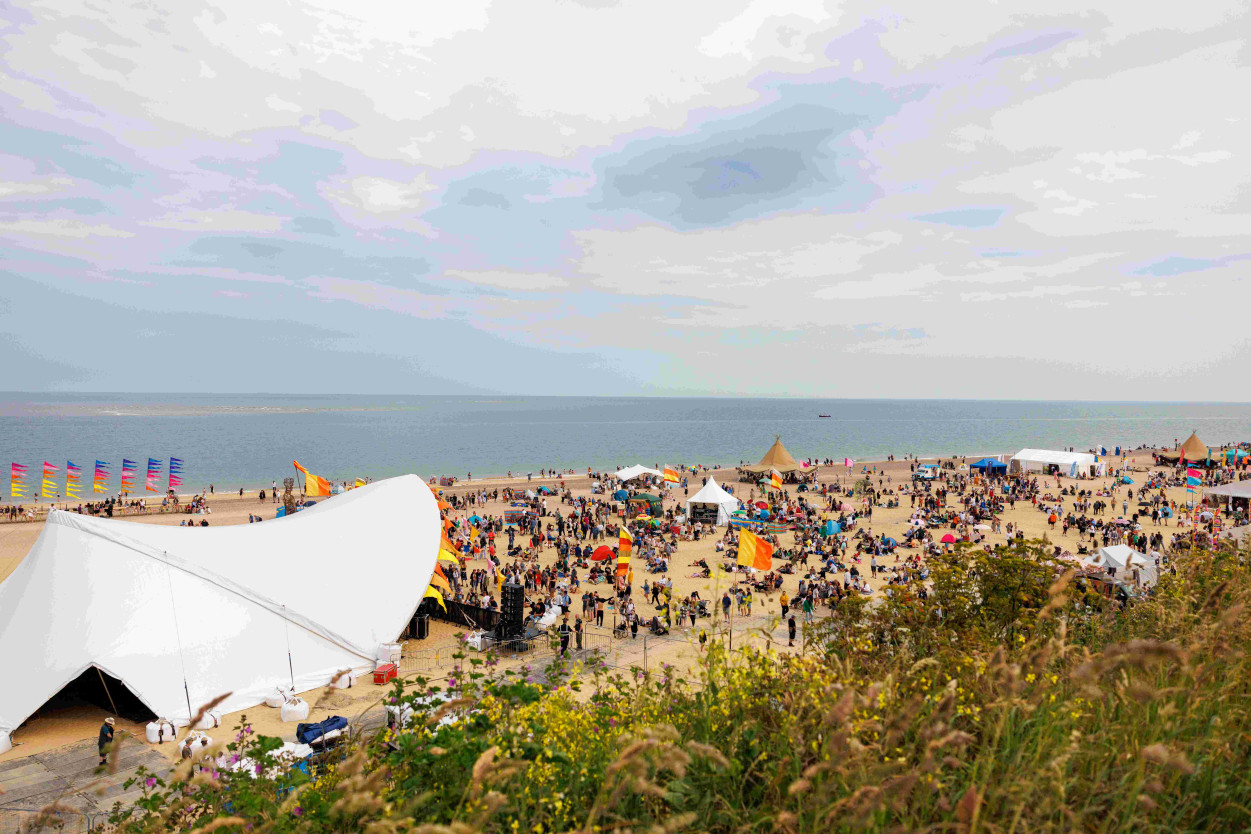 A panoramic view of a beach covered in people, small marquees, and flags. To the left is a large white marquee. There are grasses and plants with yellow flowers in the foreground.
