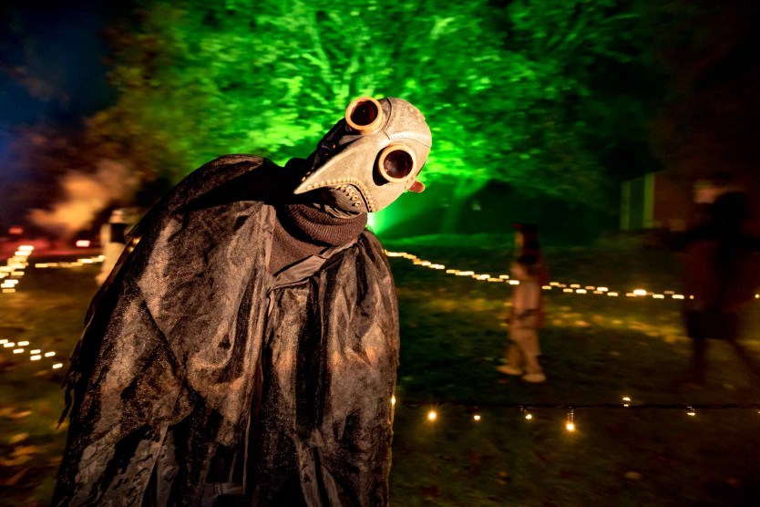 A photograph of a person dressed in a brown cloak and a plague mask, with round eye hole and beak-shaped mouth. In the background is a blurred park, lit with green lights and there's smoke.